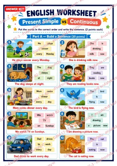 เฉลยใบงานภาษาอังกฤษ Present Simple vs Continuous ป.4-6 คำสั่งภาษาอังกฤษ - เรียงคำให้เป็นประโยคที่ถูกต้องแล้วเขียนลงบนเส้น พร้อมเฉลย