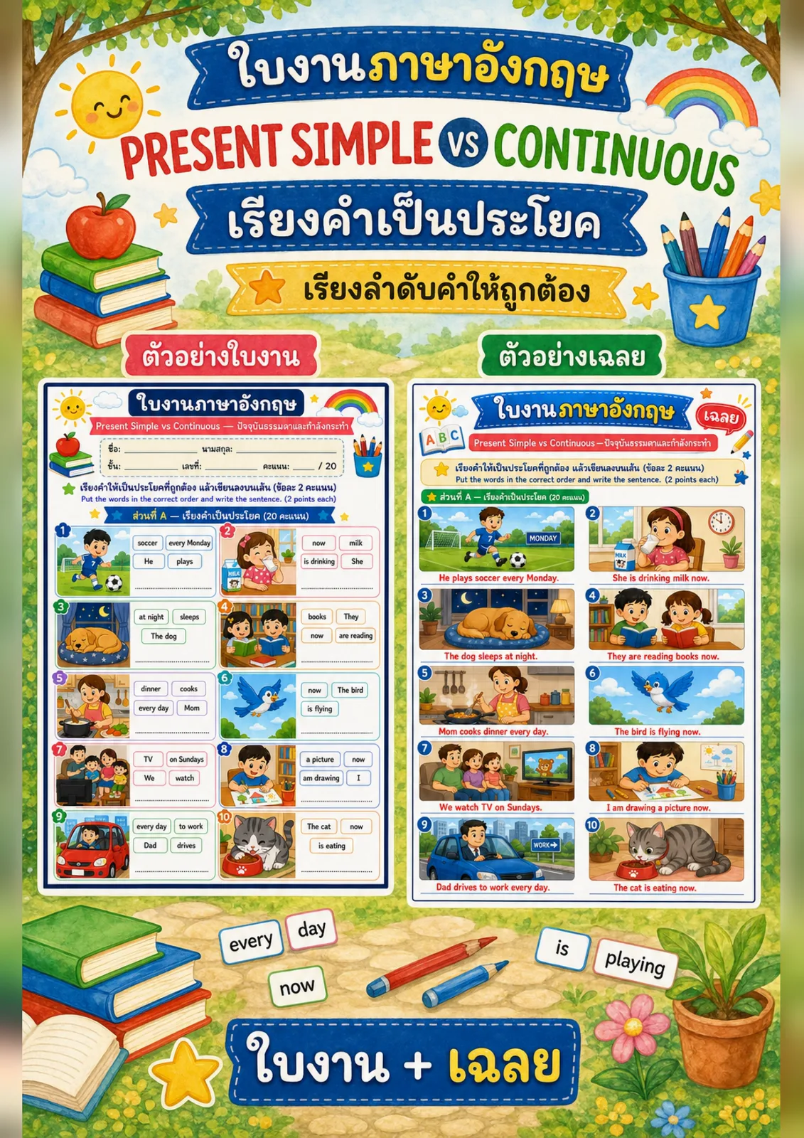 รูปหน้าปกของ ใบงานPresent Simple กับ Continuous เรียงคำให้เป็นประโยคที่ถูกต้องแล้วเขียนลงบนเส้น ระดับ ป.4–ป.6