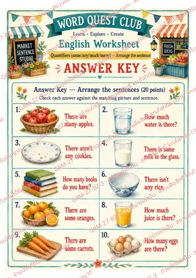 เฉลยใบงานภาษาอังกฤษ Quantifiers ป.4-6 คำสั่งภาษาอังกฤษ - เรียงบัตรคำเป็นประโยคที่ใช้ some any much และ many พร้อมเฉลย