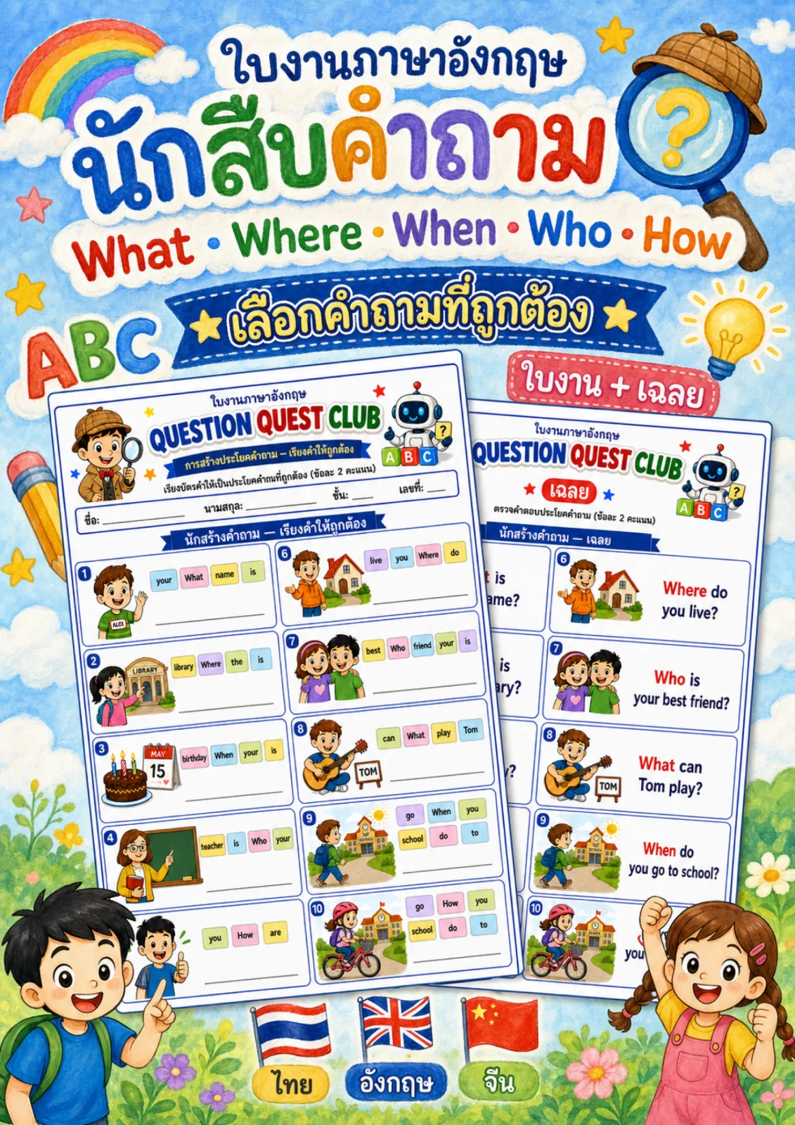 รูปหน้าปกของ ใบงานการสร้างประโยคคำถาม เรียงบัตรคำแล้วเขียนคำถาม What Where When Who How ให้ถูกต้อง ระดับ ป.4–ป.6