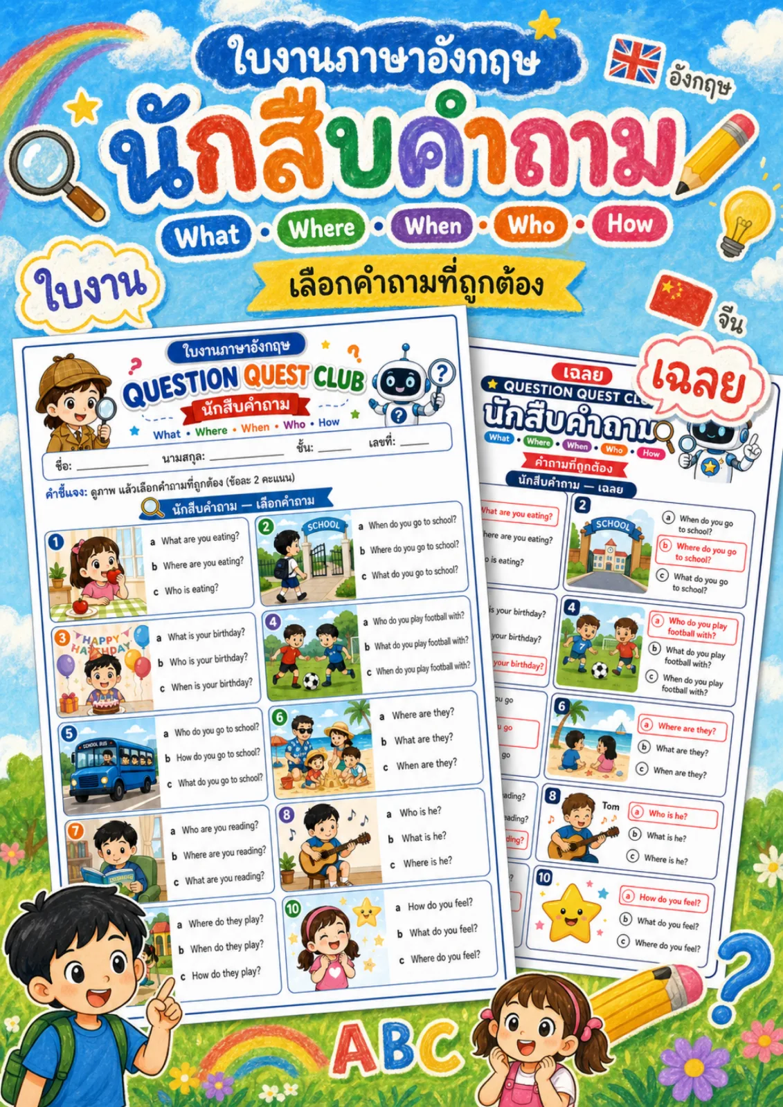 รูปหน้าปกของ ใบงานการสร้างประโยคคำถาม ดูภาพแล้วเลือกประโยคคำถาม What Where When Who How ที่ถูกต้อง ระดับ ป.4–ป.6