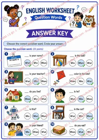 เฉลยใบงานภาษาอังกฤษ Question Words ป.1-3 คำสั่งภาษาอังกฤษ - เลือกคำคำถามที่ถูกต้องแล้ววงกลมคำตอบ พร้อมเฉลย