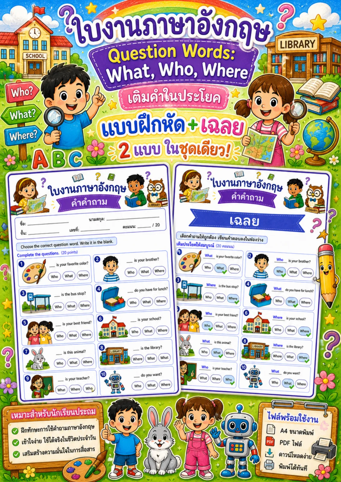 รูปหน้าปกของ ใบงานไวยากรณ์คำคำถาม what who where เติมคำคำถามที่ถูกต้องลงในช่องว่าง ระดับ ป.1–ป.3