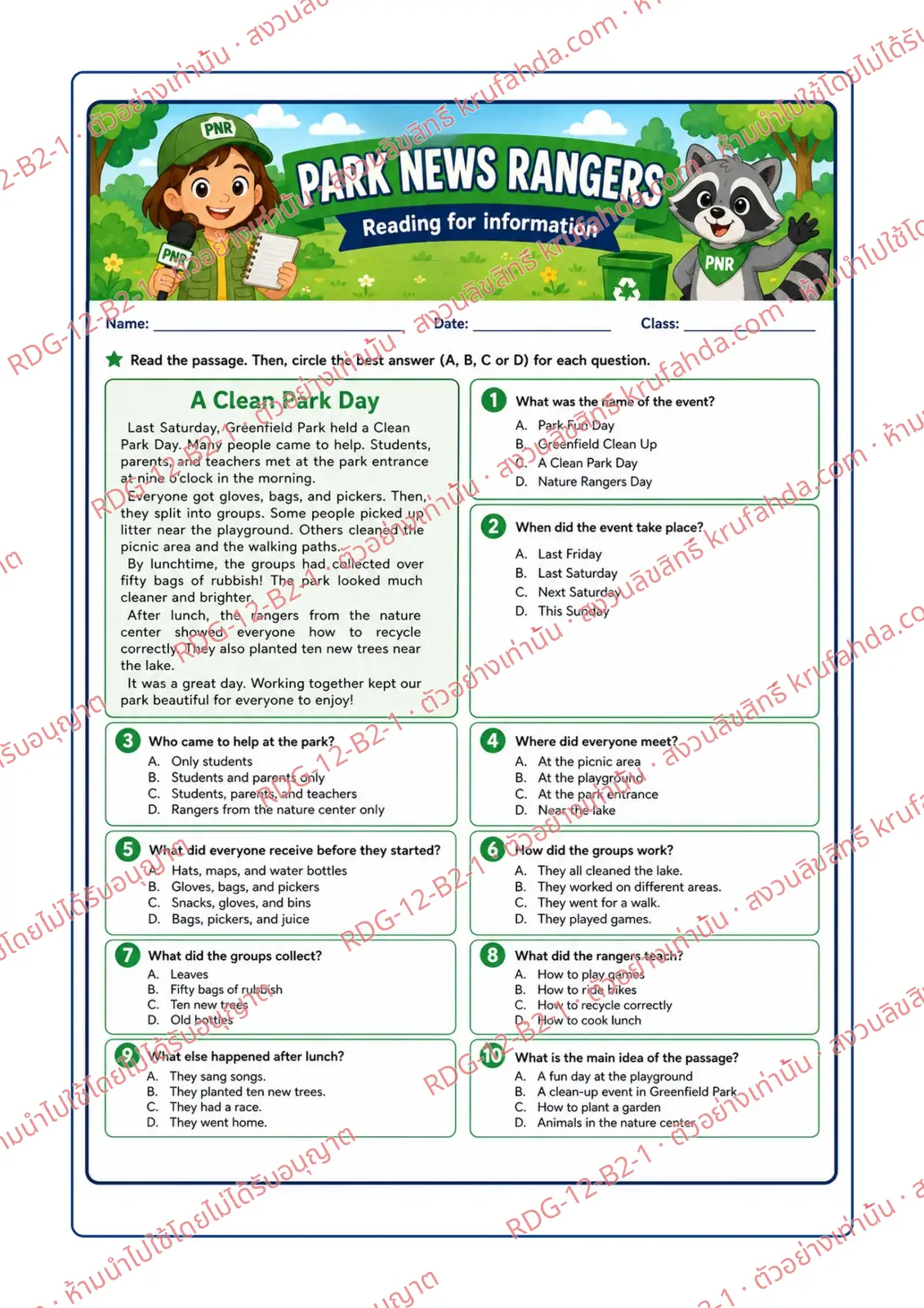 ใบงานภาษาอังกฤษ Reading for Information ป.4-6 คำสั่งภาษาอังกฤษ - อ่านเรื่อง A Clean Park Day แล้วเลือกคำตอบที่ถูกต้อง