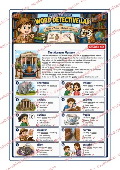 เฉลยใบงานภาษาอังกฤษ Reading for Information ป.4-6 คำสั่งภาษาอังกฤษ - อ่านเรื่อง The Museum Mystery แล้วเลือกความหมายของคำที่ขีดเส้นใต้ พร้อมเฉลย