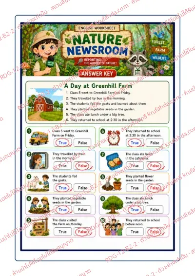 เฉลยใบงานภาษาอังกฤษ Reading for Information ป.4-6 คำสั่งภาษาอังกฤษ - อ่านเรื่อง A Day at Greenhill Farm แล้วเลือก True หรือ False พร้อมเฉลย