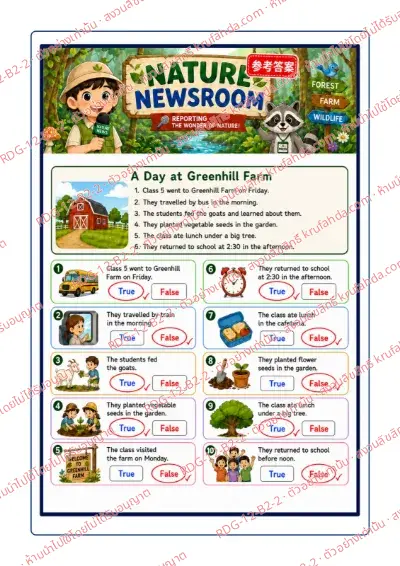 เฉลยใบงานภาษาอังกฤษ Reading for Information ป.4-6 คำสั่งภาษาจีน - อ่านเรื่อง A Day at Greenhill Farm แล้วเลือก True หรือ False พร้อมเฉลย