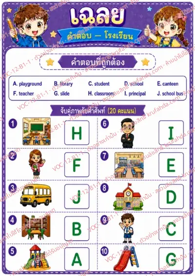 เฉลยใบงานภาษาอังกฤษ School ป.1-3 คำสั่งภาษาไทย - จับคู่ภาพสถานที่และของในโรงเรียนกับคำศัพท์ พร้อมเฉลย