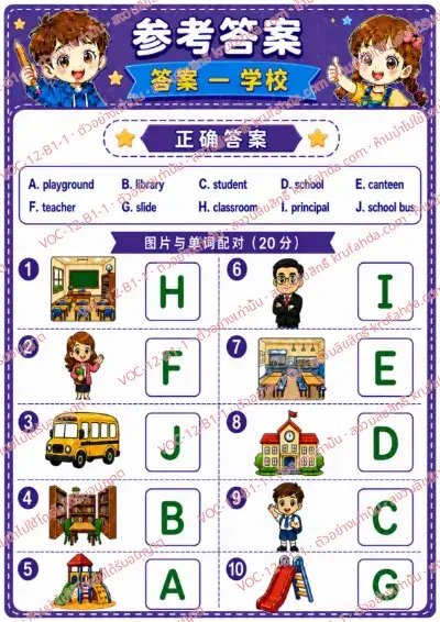 เฉลยใบงานภาษาอังกฤษ School ป.1-3 คำสั่งภาษาจีน - จับคู่ภาพสถานที่และของในโรงเรียนกับคำศัพท์ พร้อมเฉลย