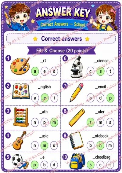 เฉลยใบงานภาษาอังกฤษ School ป.1-3 คำสั่งภาษาอังกฤษ - เติมตัวอักษรที่หายไปในคำศัพท์โรงเรียนและเลือกคำตอบ พร้อมเฉลย