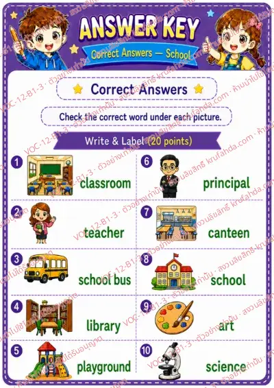 เฉลยใบงานภาษาอังกฤษ School ป.1-3 คำสั่งภาษาอังกฤษ - ดูภาพแล้วเขียนคำศัพท์เกี่ยวกับโรงเรียน พร้อมเฉลย