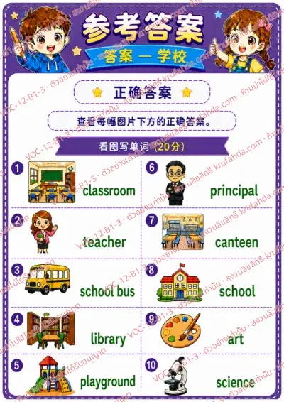 เฉลยใบงานภาษาอังกฤษ School ป.1-3 คำสั่งภาษาจีน - ดูภาพแล้วเขียนคำศัพท์เกี่ยวกับโรงเรียน พร้อมเฉลย
