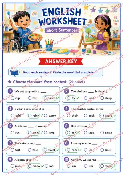 เฉลยใบงานภาษาอังกฤษ Short Sentences ป.1-3 คำสั่งภาษาอังกฤษ - อ่านประโยคแล้ววงกลมคำที่เติมได้ถูกต้อง พร้อมเฉลย