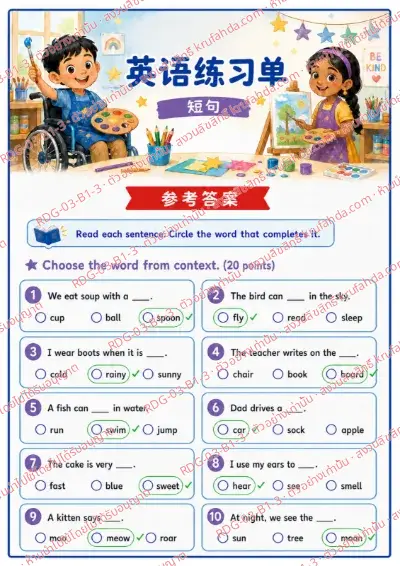 เฉลยใบงานภาษาอังกฤษ Short Sentences ป.1-3 คำสั่งภาษาจีน - อ่านประโยคแล้ววงกลมคำที่เติมได้ถูกต้อง พร้อมเฉลย