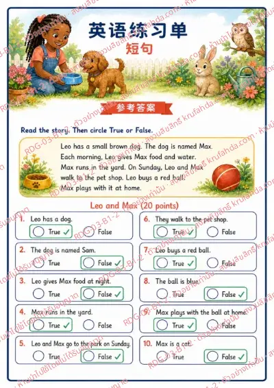 เฉลยใบงานภาษาอังกฤษ Short Sentences ป.1-3 คำสั่งภาษาจีน - อ่านเรื่องแล้วเลือกถูกหรือผิด พร้อมเฉลย
