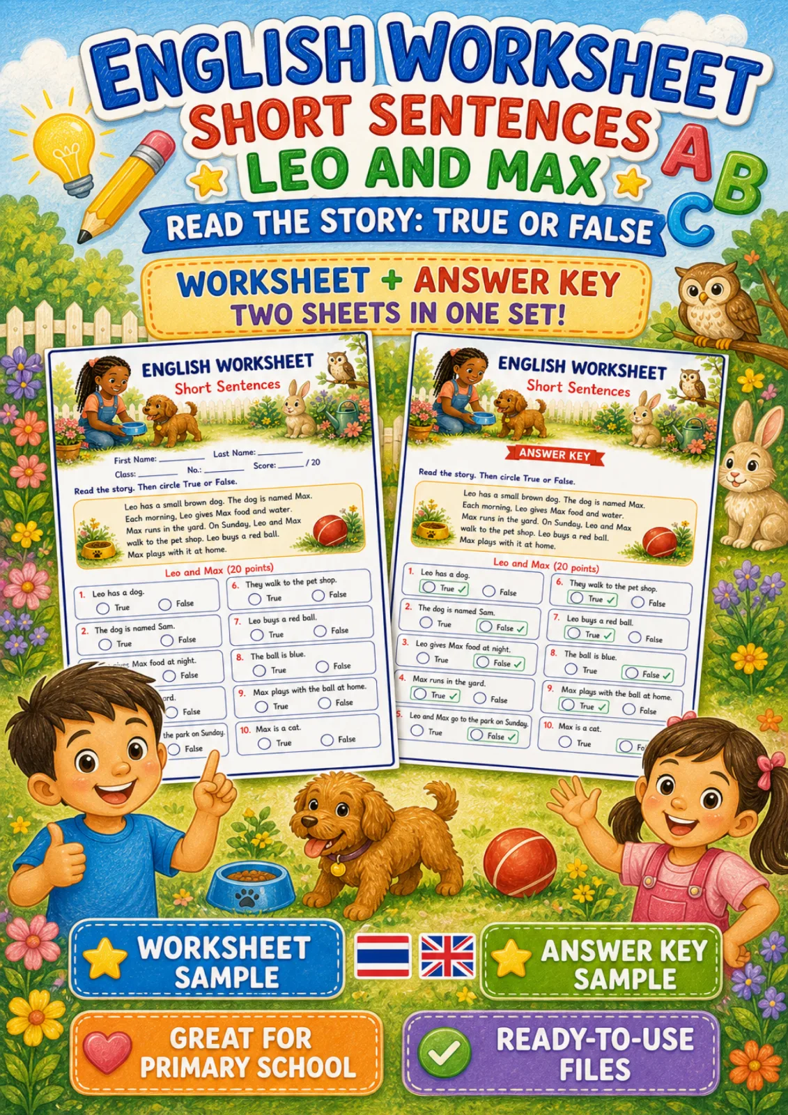 Cover artwork for ใบงานการอ่านประโยคสั้น อ่านเรื่องแล้วเลือกถูกหรือผิด ระดับ ป.1–ป.3