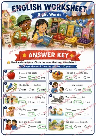 เฉลยใบงานภาษาอังกฤษ Sight Words ป.1-3 คำสั่งภาษาอังกฤษ - อ่านประโยคแล้ววงกลมคำที่เติมได้ถูกต้อง พร้อมเฉลย