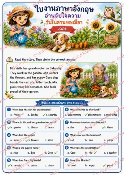 เฉลยใบงานภาษาอังกฤษ Simple Comprehension ป.1-3 คำสั่งภาษาไทย - อ่านเรื่องแล้ววงกลมคำตอบที่ถูกต้อง พร้อมเฉลย