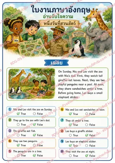 เฉลยใบงานภาษาอังกฤษ Simple Comprehension ป.1-3 คำสั่งภาษาไทย - อ่านเรื่องแล้วเลือกถูกหรือผิด พร้อมเฉลย