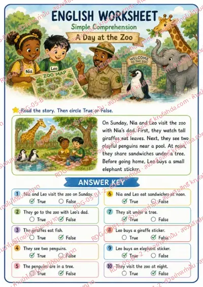 เฉลยใบงานภาษาอังกฤษ Simple Comprehension ป.1-3 คำสั่งภาษาอังกฤษ - อ่านเรื่องแล้วเลือกถูกหรือผิด พร้อมเฉลย