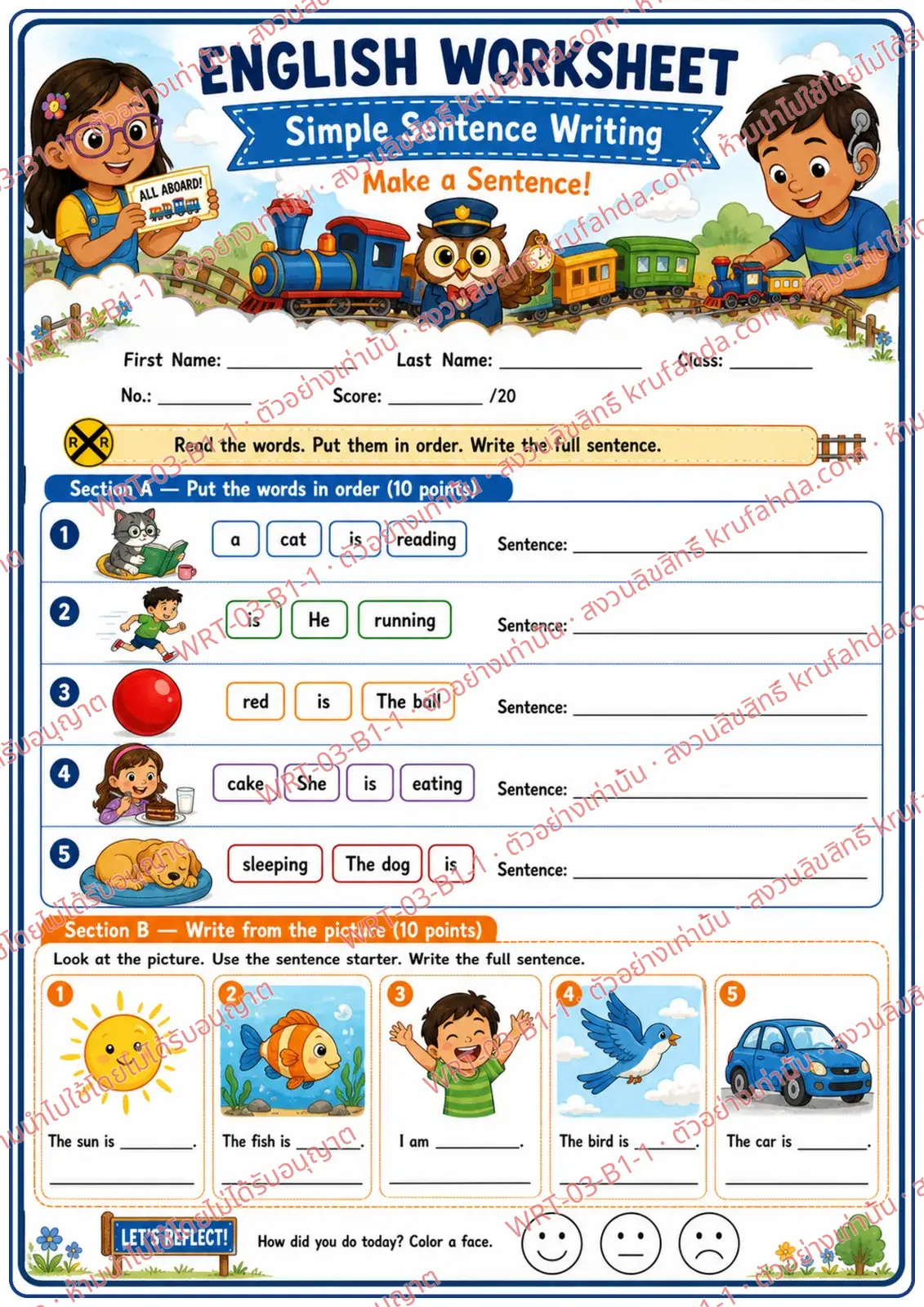 ใบงานภาษาอังกฤษ Simple Sentence Writing ป.1-3 คำสั่งภาษาอังกฤษ - เรียงคำให้เป็นประโยคแล้วเขียนประโยคจากภาพ