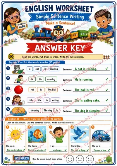 เฉลยใบงานภาษาอังกฤษ Simple Sentence Writing ป.1-3 คำสั่งภาษาอังกฤษ - เรียงคำให้เป็นประโยคแล้วเขียนประโยคจากภาพ พร้อมเฉลย