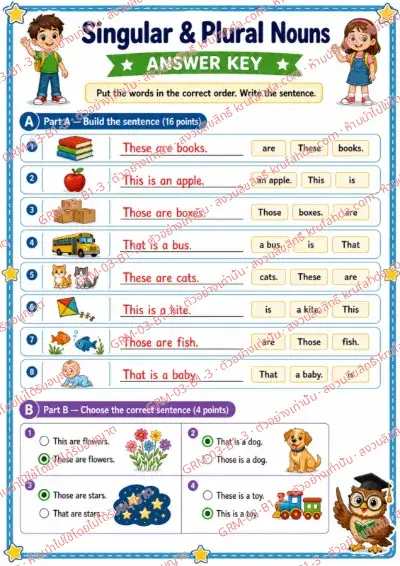 เฉลยใบงานภาษาอังกฤษ Singular & Plural Nouns ป.1-3 คำสั่งภาษาอังกฤษ - เรียงคำให้เป็นประโยคที่ถูกต้องแล้วเขียนประโยค พร้อมเฉลย