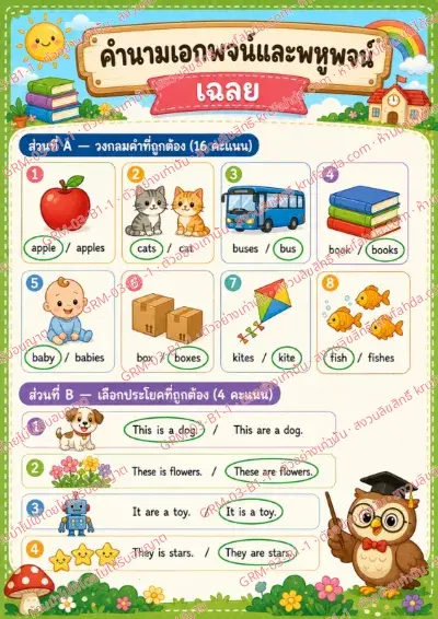 เฉลยใบงานภาษาอังกฤษ Singular & Plural Nouns ป.1-3 คำสั่งภาษาไทย - ดูภาพแล้ววงกลมคำที่ถูกต้อง พร้อมเฉลย
