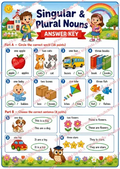 เฉลยใบงานภาษาอังกฤษ Singular & Plural Nouns ป.1-3 คำสั่งภาษาอังกฤษ - ดูภาพแล้ววงกลมคำที่ถูกต้อง พร้อมเฉลย