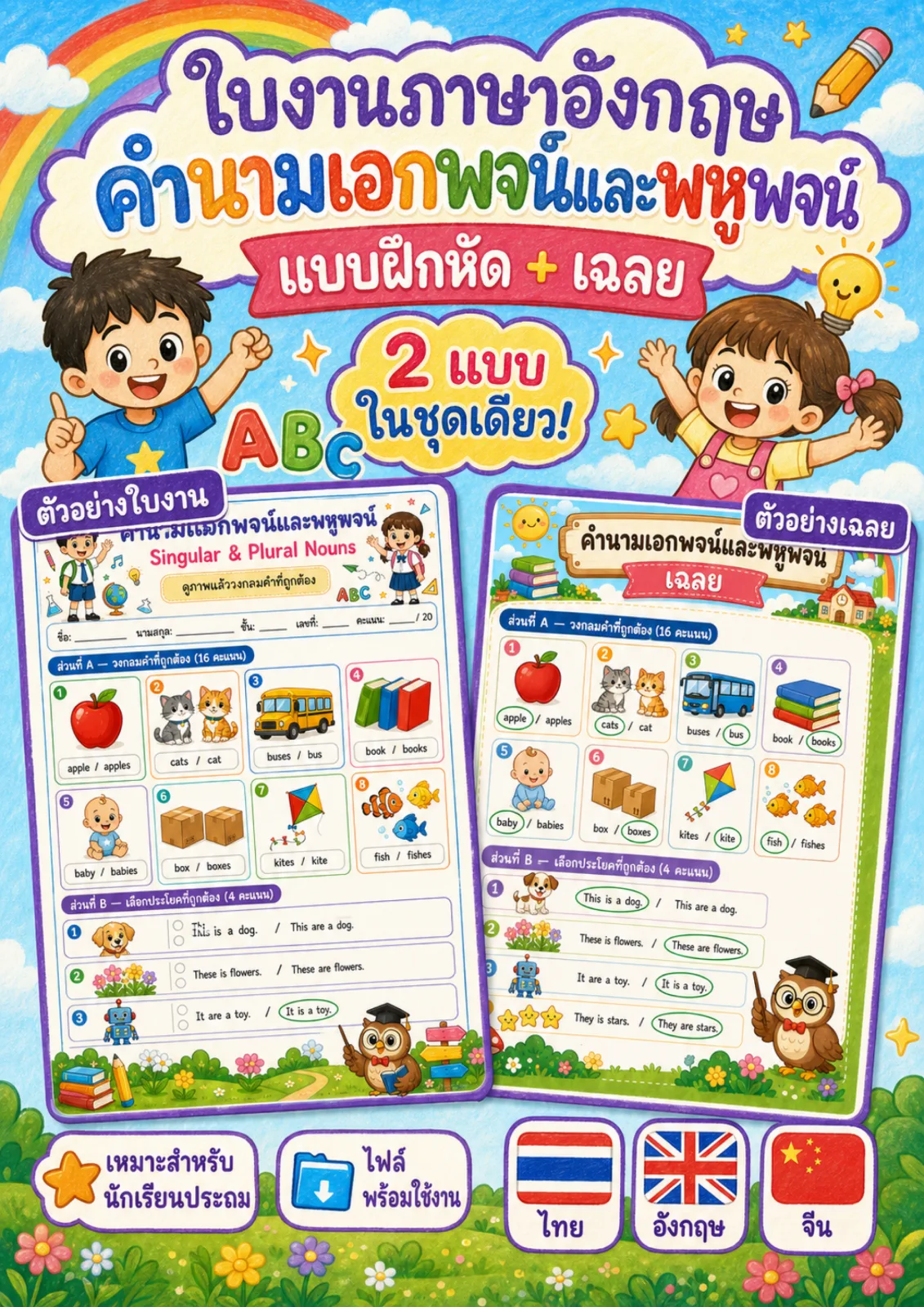 รูปหน้าปกของ ใบงานไวยากรณ์คำนามเอกพจน์และพหูพจน์ ดูภาพแล้ววงกลมคำที่ถูกต้อง ระดับ ป.1–ป.3