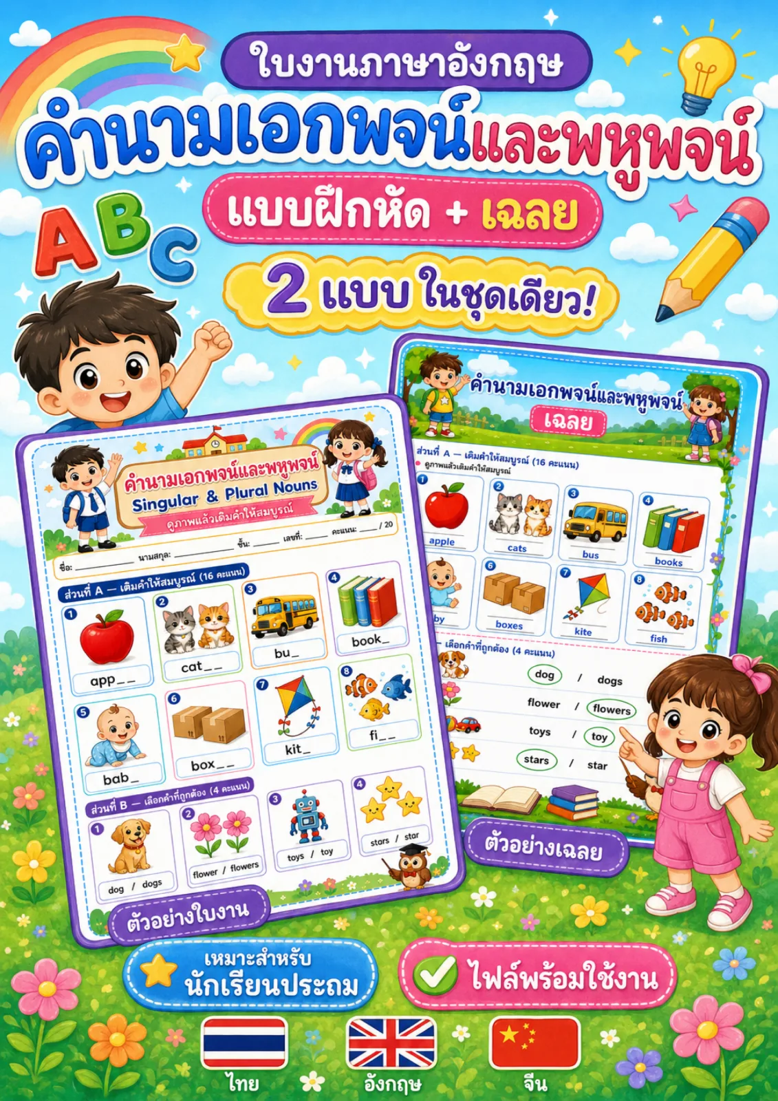 รูปหน้าปกของ ใบงานไวยากรณ์คำนามเอกพจน์และพหูพจน์ เติมคำที่ถูกต้องลงในช่องว่าง ระดับ ป.1–ป.3