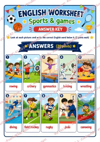 เฉลยใบงานภาษาอังกฤษ Sports & Games ป.4-6 คำสั่งภาษาอังกฤษ - ดูภาพกีฬาแล้วเขียนชื่อกีฬาเป็นภาษาอังกฤษใต้ภาพ พร้อมเฉลย