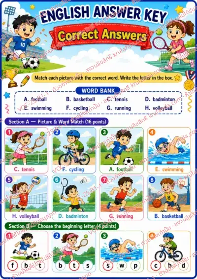 เฉลยใบงานภาษาอังกฤษ Sports ป.1-3 คำสั่งภาษาอังกฤษ - จับคู่ภาพกับคำศัพท์และเขียนตัวอักษรลงในช่อง พร้อมเฉลย