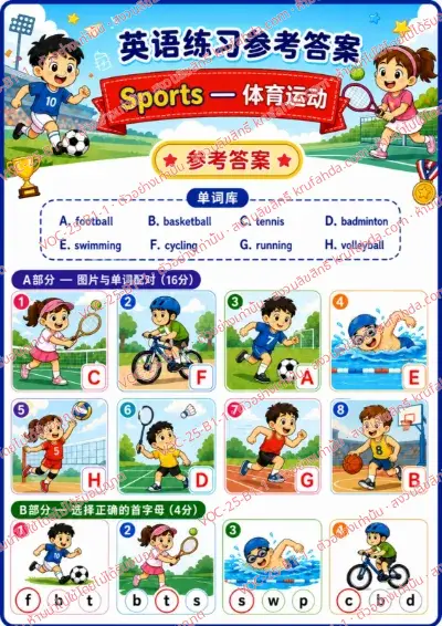 เฉลยใบงานภาษาอังกฤษ Sports ป.1-3 คำสั่งภาษาจีน - จับคู่ภาพกับคำศัพท์และเขียนตัวอักษรลงในช่อง พร้อมเฉลย