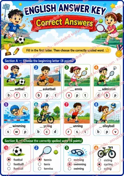 เฉลยใบงานภาษาอังกฤษ Sports ป.1-3 คำสั่งภาษาอังกฤษ - เติมตัวอักษรตัวแรกและเลือกคำที่สะกดถูก พร้อมเฉลย