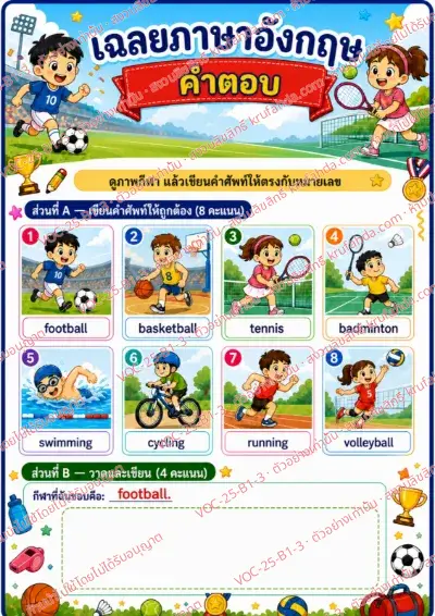 เฉลยใบงานภาษาอังกฤษ Sports ป.1-3 คำสั่งภาษาไทย - ดูภาพกีฬาแล้วเขียนคำศัพท์ให้ตรงกับหมายเลข พร้อมเฉลย