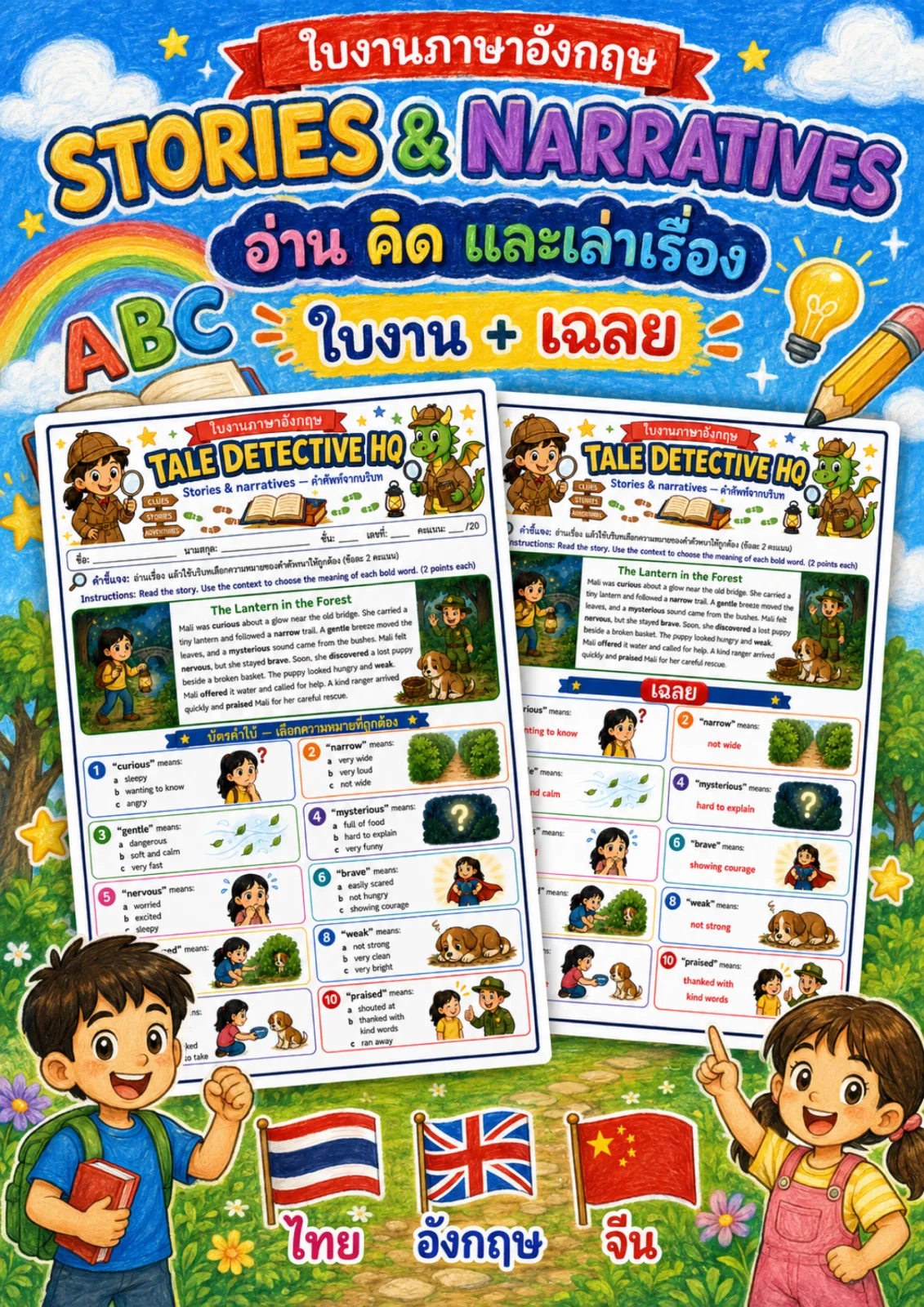รูปหน้าปกของ ใบงานเรื่องเล่าและนิทาน อ่านเรื่อง The Lantern in the Forest แล้วเดาความหมายของคำตัวหนาจากบริบท ระดับ ป.4–ป.6