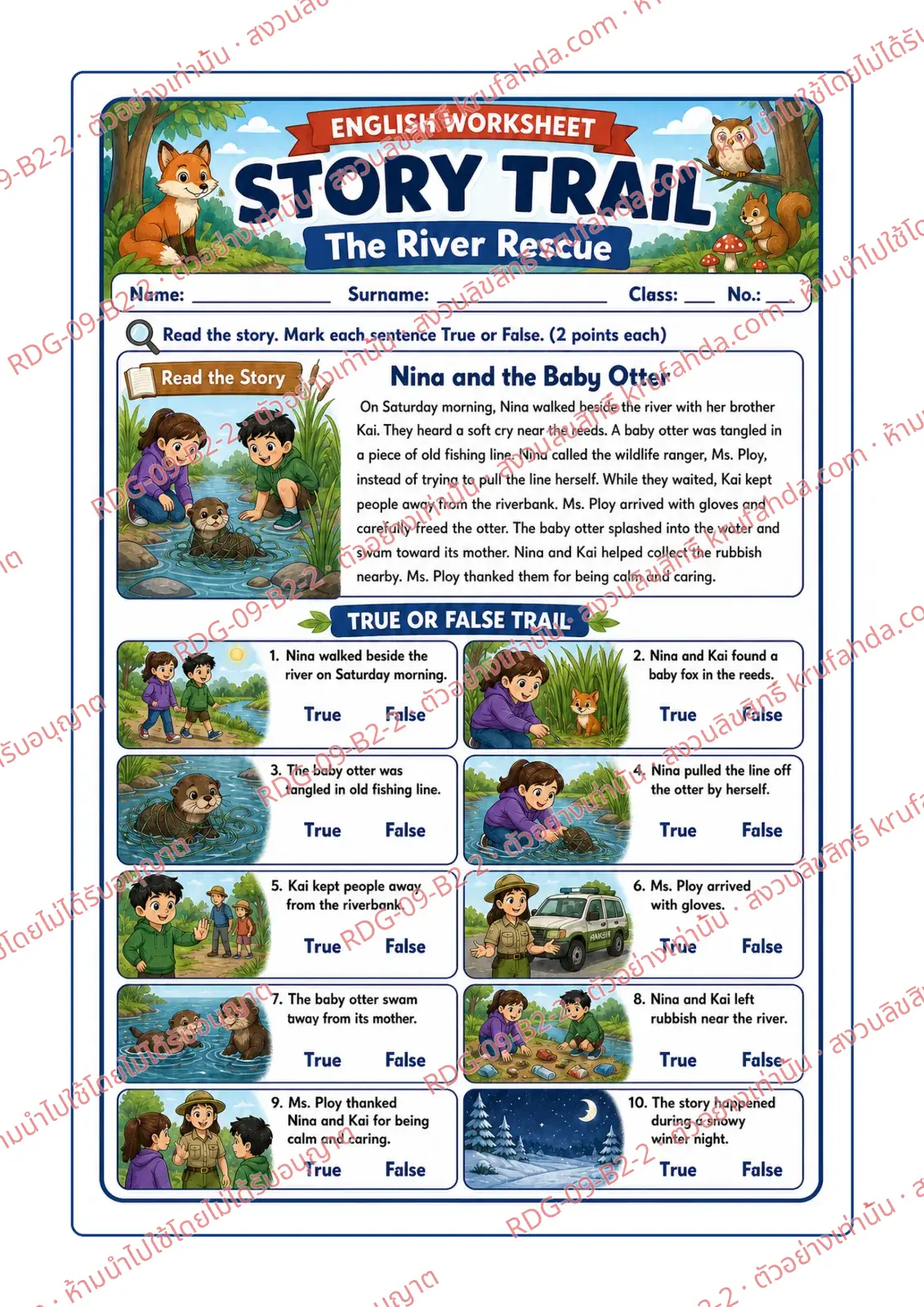 ใบงานภาษาอังกฤษ Stories & Narratives ป.4-6 คำสั่งภาษาอังกฤษ - อ่านเรื่อง Nina and the Baby Otter แล้วเลือก True หรือ False