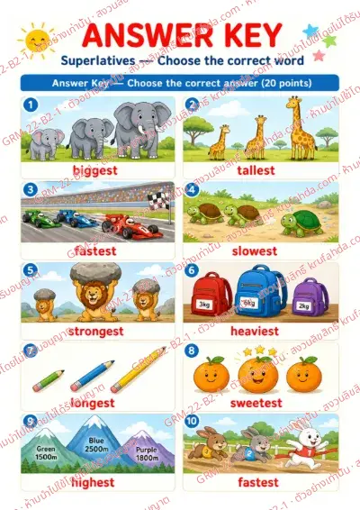 เฉลยใบงานภาษาอังกฤษ Superlatives ป.4-6 คำสั่งภาษาอังกฤษ - ดูภาพแล้วเลือกคำ biggest tallest fastest ที่ถูกต้อง พร้อมเฉลย