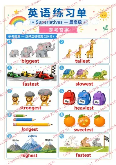เฉลยใบงานภาษาอังกฤษ Superlatives ป.4-6 คำสั่งภาษาจีน - ดูภาพแล้วเลือกคำ biggest tallest fastest ที่ถูกต้อง พร้อมเฉลย