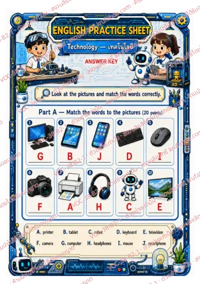 เฉลยใบงานภาษาอังกฤษ Technology ป.4-6 คำสั่งภาษาอังกฤษ - จับคู่ภาพกับคำใน Word Bank แล้วเขียนตัวอักษรลงในช่อง เช่น computer tablet printer พร้อมเฉลย