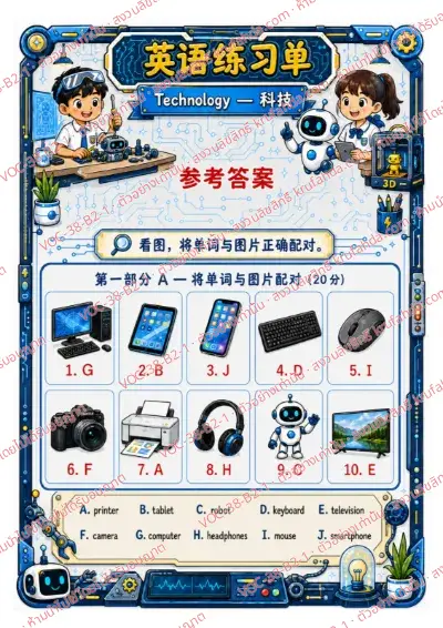 เฉลยใบงานภาษาอังกฤษ Technology ป.4-6 คำสั่งภาษาจีน - จับคู่ภาพกับคำใน Word Bank แล้วเขียนตัวอักษรลงในช่อง เช่น computer tablet printer พร้อมเฉลย