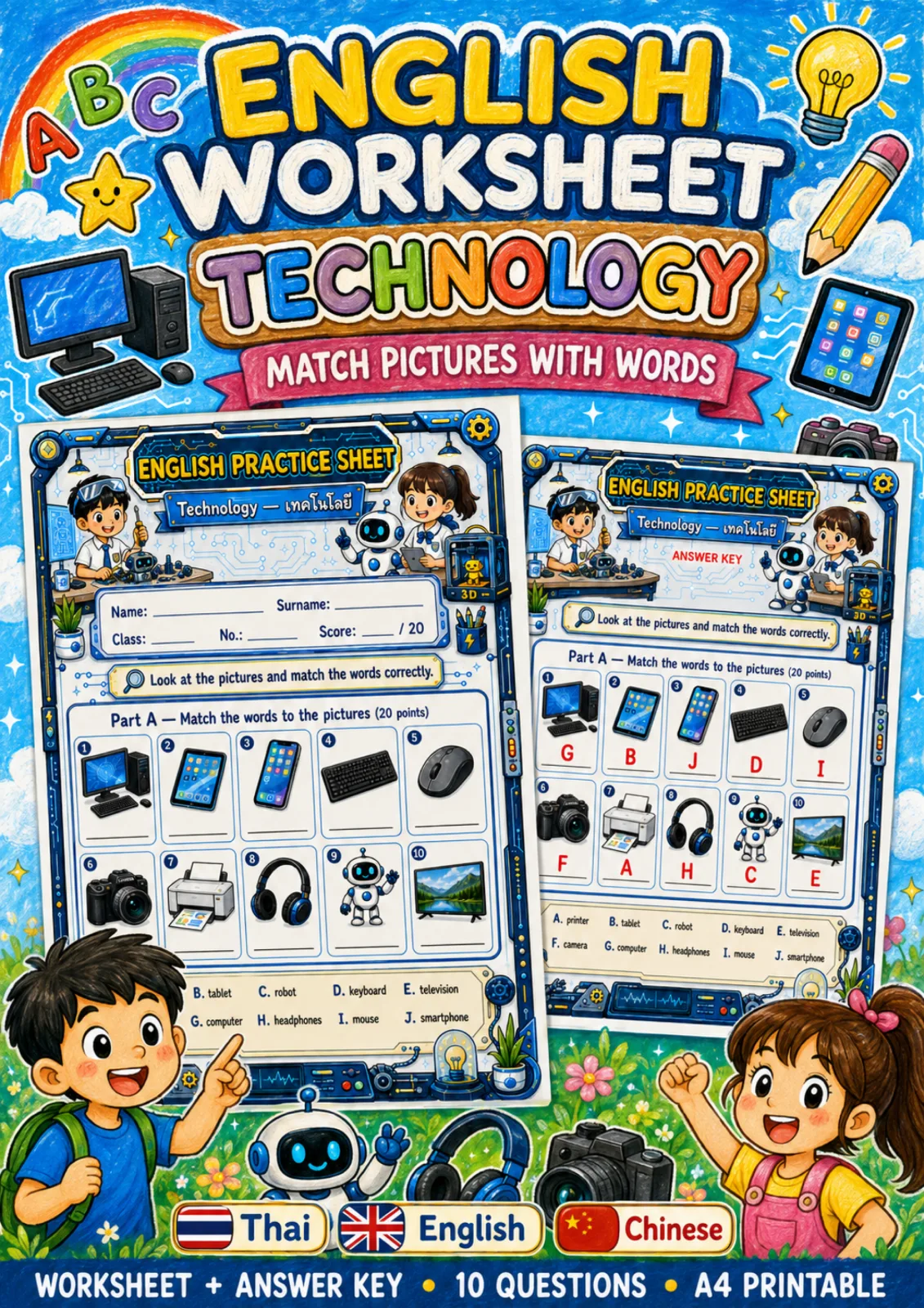 Cover artwork for ใบงานเทคโนโลยี จับคู่ภาพกับคำใน Word Bank แล้วเขียนตัวอักษรลงในช่อง เช่น computer tablet printer ระดับ ป.4–ป.6