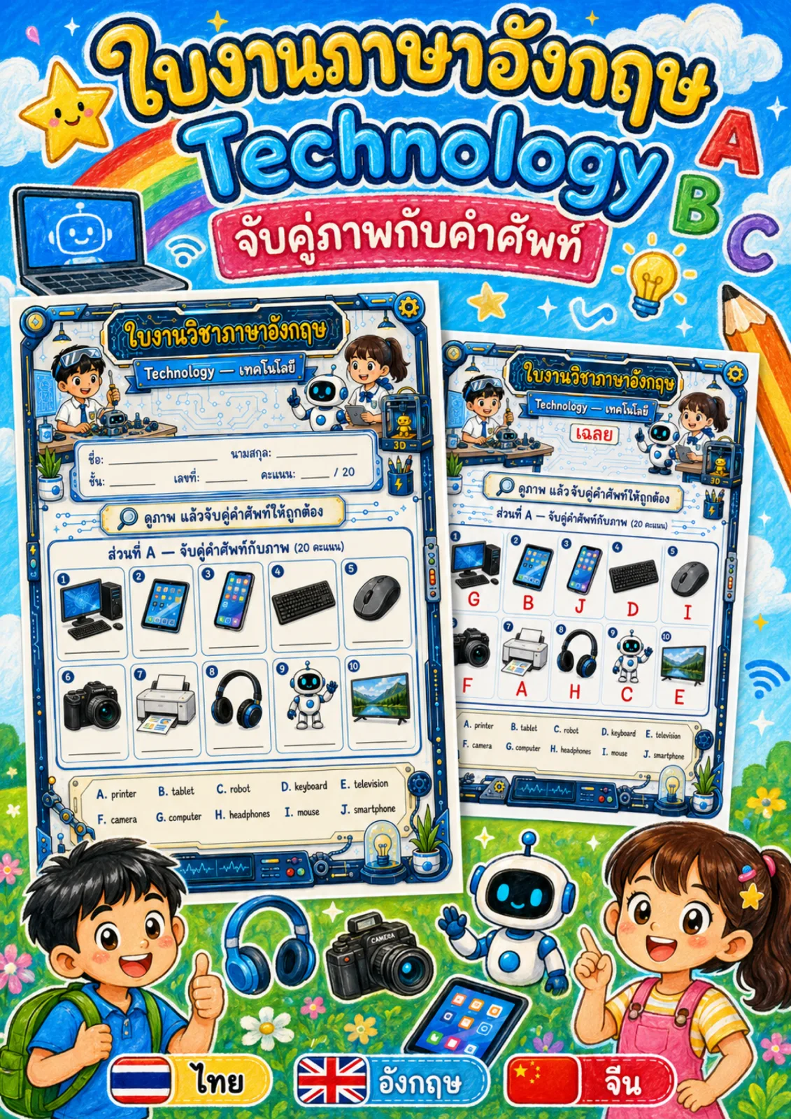 รูปหน้าปกของ ใบงานเทคโนโลยี จับคู่ภาพกับคำใน Word Bank แล้วเขียนตัวอักษรลงในช่อง เช่น computer tablet printer ระดับ ป.4–ป.6