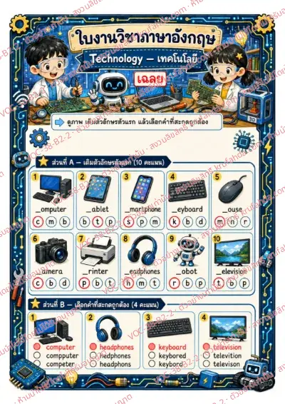 เฉลยใบงานภาษาอังกฤษ Technology ป.4-6 คำสั่งภาษาไทย - เติมตัวอักษรต้นคำและเลือกคำที่สะกดถูก เช่น computer keyboard headphones พร้อมเฉลย