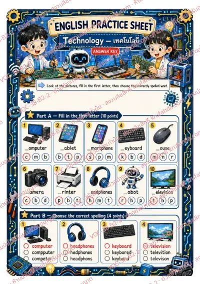 เฉลยใบงานภาษาอังกฤษ Technology ป.4-6 คำสั่งภาษาอังกฤษ - เติมตัวอักษรต้นคำและเลือกคำที่สะกดถูก เช่น computer keyboard headphones พร้อมเฉลย
