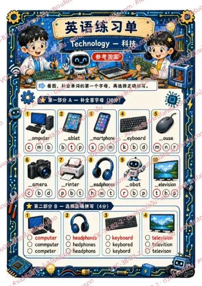 เฉลยใบงานภาษาอังกฤษ Technology ป.4-6 คำสั่งภาษาจีน - เติมตัวอักษรต้นคำและเลือกคำที่สะกดถูก เช่น computer keyboard headphones พร้อมเฉลย