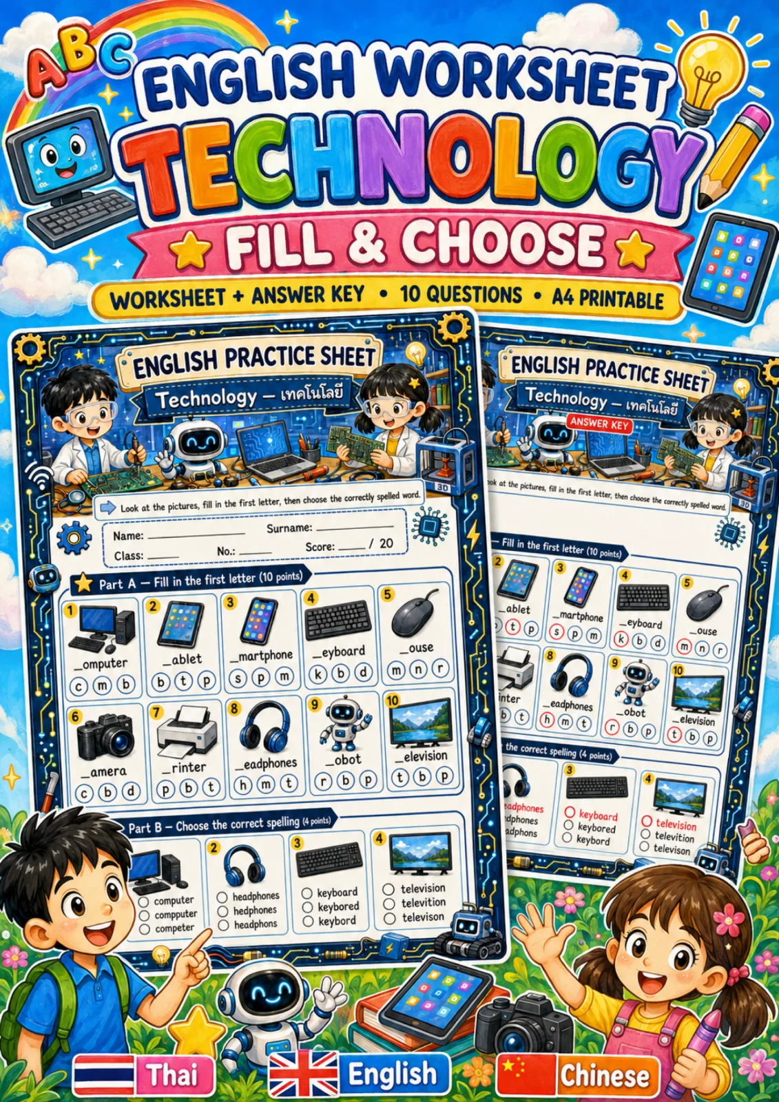 Cover artwork for ใบงานเทคโนโลยี เติมตัวอักษรต้นคำและเลือกคำที่สะกดถูก เช่น computer keyboard headphones ระดับ ป.4–ป.6