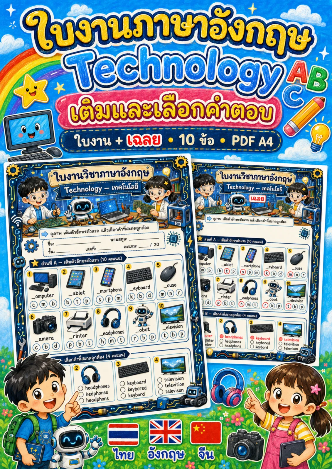 รูปหน้าปกของ ใบงานเทคโนโลยี เติมตัวอักษรต้นคำและเลือกคำที่สะกดถูก เช่น computer keyboard headphones ระดับ ป.4–ป.6