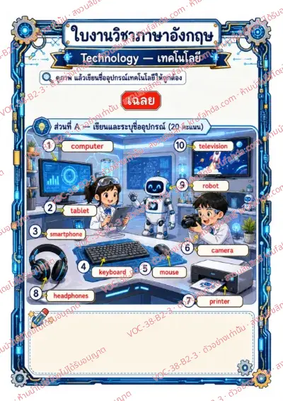 เฉลยใบงานภาษาอังกฤษ Technology ป.4-6 คำสั่งภาษาไทย - เขียนชื่ออุปกรณ์จากภาพลงในช่องคำตอบ เช่น printer camera robot พร้อมเฉลย